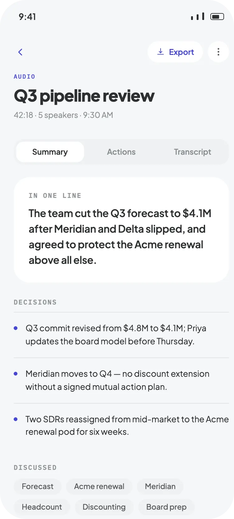 AnyTranscribe meeting summary screen