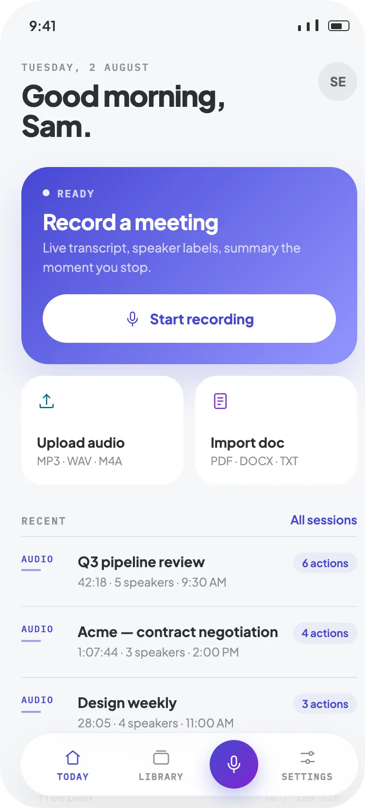 AnyTranscribe home screen